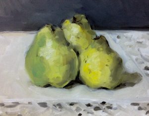 Still life oil painting of three quinces