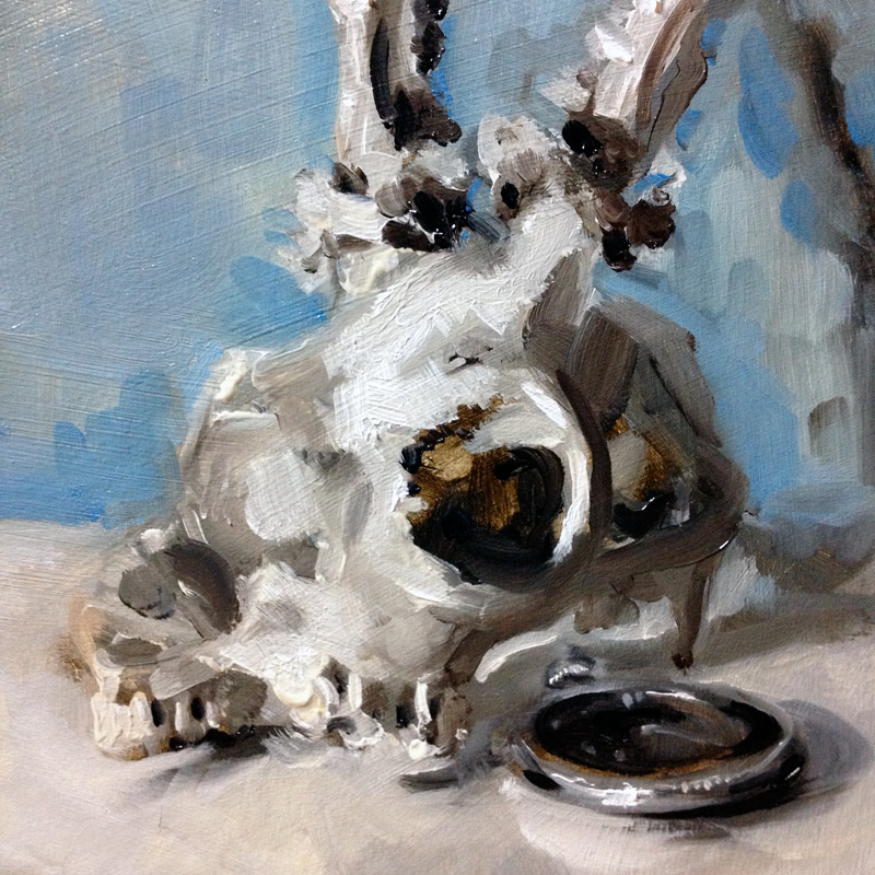 'Year End'. Still life oil painting of a skull and watch by Helen Davison