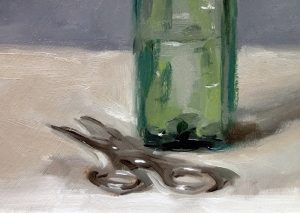 Detail from a still life oil painting of white hyacinths in a green bottle by Helen Davison