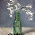 Still life oil painting of white hyacinths in a green bottle by Helen Davison