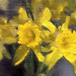 'Studio Corner (detail)'. Detail of a still life oil painting of daffodils, pewter plate and blue and white jug by Helen Davison