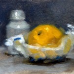 Still life oil painting of an orange and pottery bottle by Helen Davison