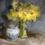 'Studio Corner in progress'. Progress shot of a still life oil painting of daffodils, pewter plate and blue and white jug by Helen Davison