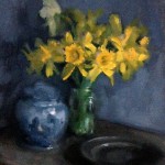 'Studio Corner in progress'. Progress shot of a still life oil painting of daffodils, pewter plate and blue and white jug by Helen Davison