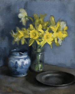 'Studio Corner'. Still life oil painting of daffodils, pewter plate and blue and white jug by Helen Davison