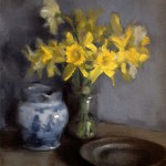 'Studio Corner'. Still life oil painting of daffodils, pewter plate and blue and white jug by Helen Davison