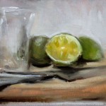 Still life oil painting of squeezed limes and knife by Helen Davison