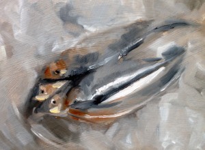 Still life oil painting of sprats by Helen Davison