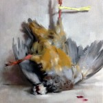 'Three Colours Red'. Still life painting of a dead partridge. Oil on linen, 12" x 10"