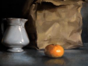 Detail of 'White Jug, Brown Bag'. Still life oil painting on linen, 16" x 20"