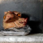 Still life painting of a pig's head. Oil on linen, 24" x 20"