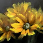 Detail from a still life painting of Rudbeckia and a brown paper bag by Helen Davison