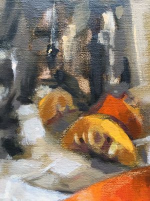 Detail. Still life oil painting of a squash with shiny teapot by Helen Davison