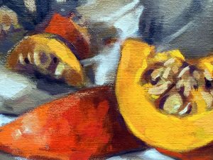 Detail. Still life oil painting of a squash with shiny teapot by Helen Davison