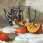 Still life oil painting of a squash with shiny teapot by Helen Davison