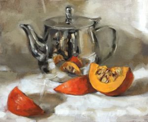 Still life oil painting of a squash with shiny teapot by Helen Davison