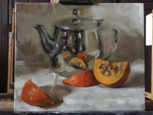 WIP Still life oil painting of a squash with shiny teapot by Helen Davison