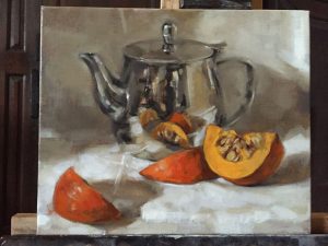 WIP Still life oil painting of a squash with shiny teapot by Helen Davison